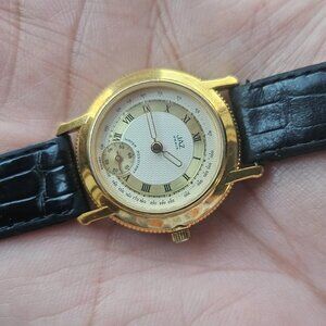 Jaz Paris France Ladies Watch Gold Tone Case Analog Black Leather Band Watch